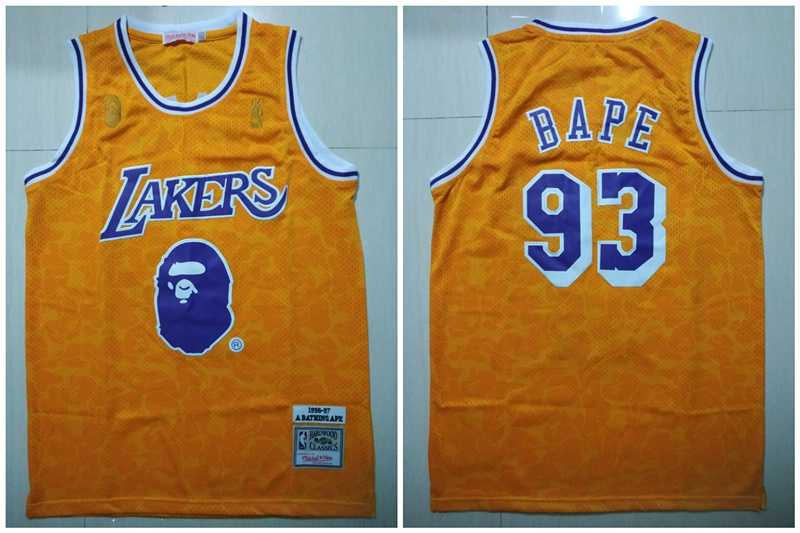 Lakers 93 Bape Yellow 1996 97 Hardwood Classics Jersey,We sell and wholesale Lakers 93 Bape Yellow 1996 97 Hardwood Classics Jersey on line form chian!